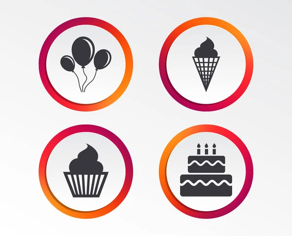 生日派对图标 蛋糕与冰淇淋标志 空气气球用绳索标志 图表设计按钮 圆形模板 — 图库矢量图片
