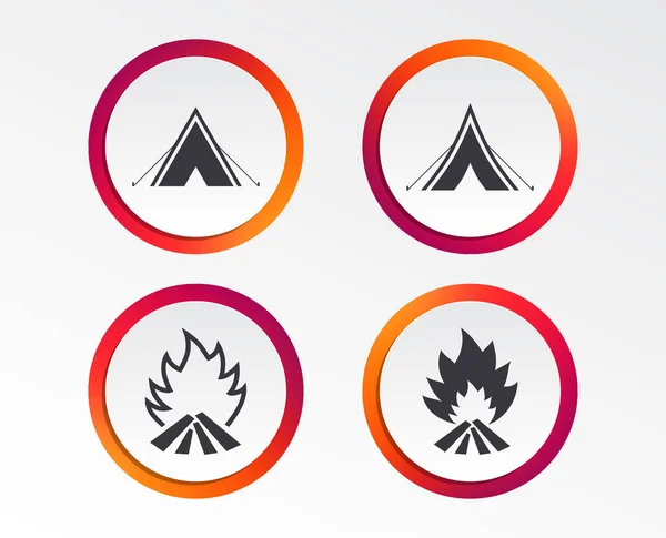 Turistické Camping Stan Ikony Oheň Plamen Znamení Symboly Infografika Design — Stockový vektor