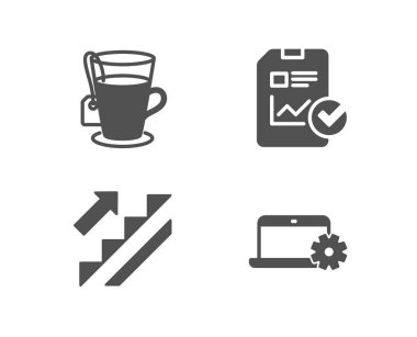 Merdiven, çay ve rapor denetim listesi simgeler kümesi. Notebook Servisi işareti. Merdiven, cam kupa, satış büyüme dosya. Bilgisayar tamir. Kalite tasarım öğeleri. Klasik tarzı. Vektör