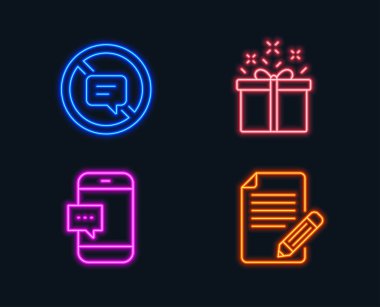 Neon ışıkları. Özel Fırsat, Stop konuşmak ve akıllı telefon mesajı Icons kümesi. Madde işareti. Teslimat kutusunda, konuşmak değil, cep telefonu sohbet. Geribildirim. Parlayan grafik tasarımlar. Vektör