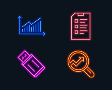 Neon ışıkları. Grafiği ayarla, denetim listesi ve Usb flash simgeler. Analytics iz yok. Sunu diyagramı veri listesi, bellek sopa. Analiz denetleyin. Parlayan grafik tasarımlar. Vektör