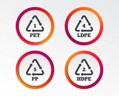 Evde beslenen hayvan 1, Ld-pe 4, s 5 ve Hd-pe 2 simgeler. Yüksek yoğunluklu polietilen tereftalat işareti. Geri dönüşüm sembolü. Infographic tasarım düğmeleri. Daire şablonları. Vektör