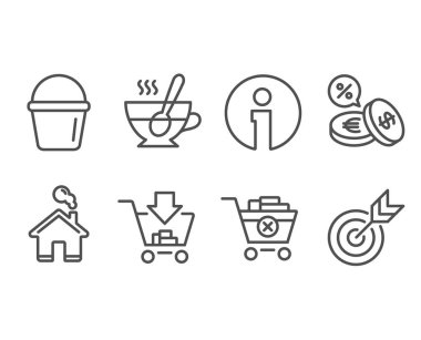 Kova ayarla, alışveriş ve Kaldır simgeler satın alabilirsiniz. Döviz Alım Satım, çay bardağı ve hedef işaretler. Yıkama donanımları, sepeti, arabasından silmek için Ekle. Euro ve usd, kaşık, kahveyle hedefleme. Vektör