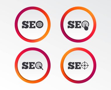 SEO simgeler. Arama Motoru Optimizasyonu sembolleri. Dünya Küre ve fare veya el imleç işaretçi işaretler. Infographic tasarım düğmeleri. Daire şablonları. Vektör