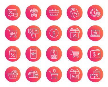 Alışveriş satır simgeler. Hediyeler, hediyeler ve satış işaretleri sunuyoruz. Alışveriş sepeti, teslimat ve Etiketler simgeler. Konuşma balonu, indirim ve m-cüzdan. Online satın alma. Trendy degrade daire düğmeleri. Vektör