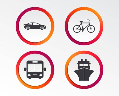 Taşıma simgeler. Araba, Bisiklet, halk otobüsü ve gemi işaretler. Sevkiyat teslimat sembolü. Aile araç işareti. Infographic tasarım düğmeleri. Daire şablonları. Vektör