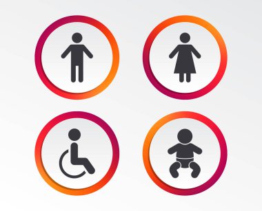 WC tuvalet simgeler. İnsan erkek veya kadın işaretler. Bebek bebek veya toddler. Engelli özürlü geçersiz simge. Infographic tasarım düğmeleri. Daire şablonları. Vektör