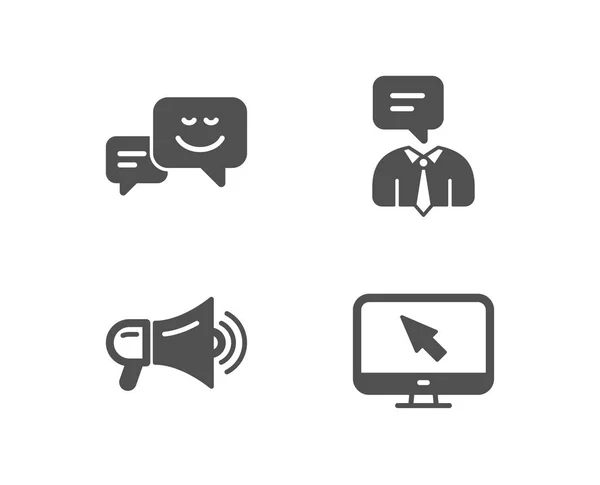 Set Support Service Megafoon Happy Emotie Iconen Internet Ondertekenen Menselijke — Stockvector