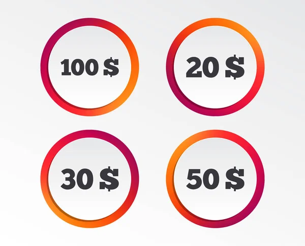 美元图标的钱 100 30和50美元符号 货币符号图表设计按钮 圆形模板 — 图库矢量图片