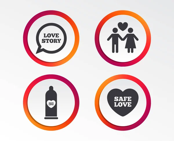 Prezerwatywa Ikony Bezpiecznego Seksu Miłośników Pary Znaków Kobieta Miłość Mężczyzna — Wektor stockowy