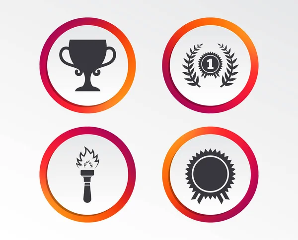 First Place Award Cup Icons Laurel Wreath Sign Torch Fire — Stock Vector