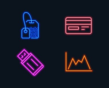 Neon ışıkları. Dizi kredi kartı, Usb birden parlamak ve çay poşeti düz simgeler, vektör, illüstrasyon
