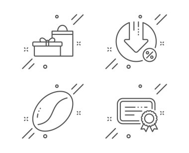 Kredilerin yüzde biri, hediyeler ve kahve çekirdeği ikonları. Sertifika işareti