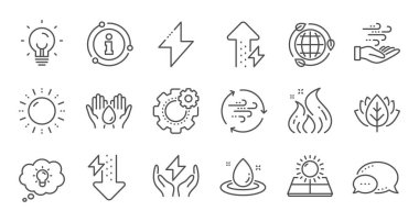 Enerji hattı simgeleri. Güneş panelleri, rüzgar enerjisi ve elektrik thunde