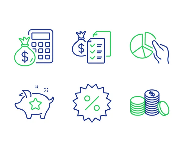 Bilanzvermögen, Finanzrechner und Kuchendiagramm-Symbole gesetzt. v — Stockvektor