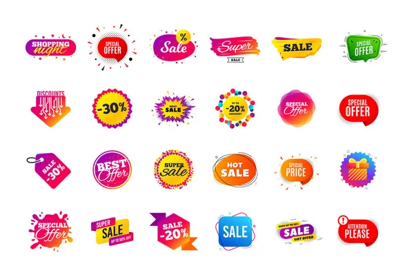 Vendita banner badge. Offerte speciali etichette sconto. Forma cedolare — Vettoriale Stock