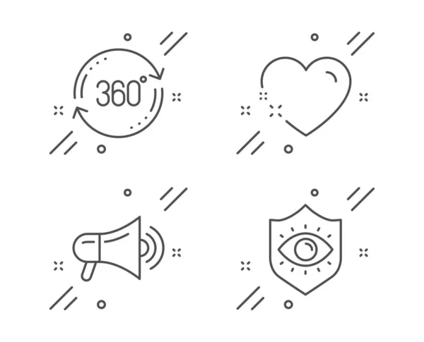 Corazón, Megáfono y Conjunto de iconos de rotación completa. Protección ocular sig — Vector de stock