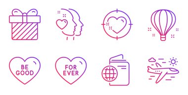 Sürpriz, sonsuza dek ve kalp simgeleri hazır. Hava balonu, seyahat kartı.