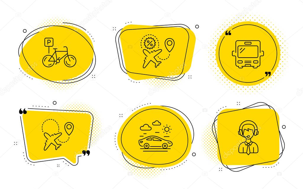 Airplane, Bicycle parking and Flight sale icons set. Bus, Car tr