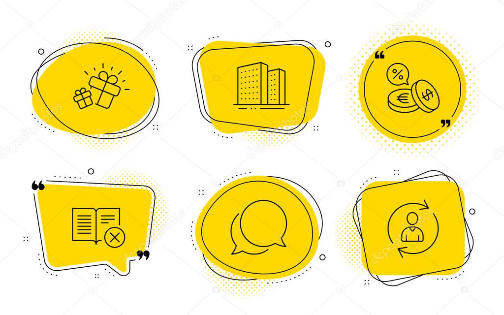 Buildings, Gift and Currency exchange icons set. Reject book, Ch