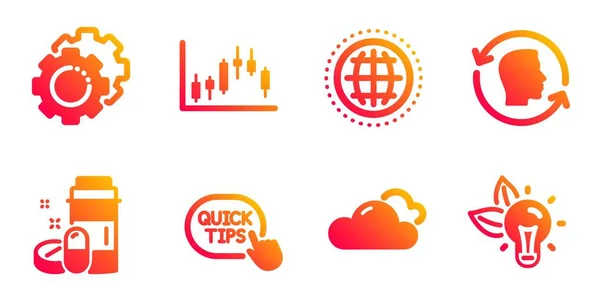 Settings gears, Globe and Medical drugs icons set. Candlestick graph, Face id and Cloudy weather signs. Vector