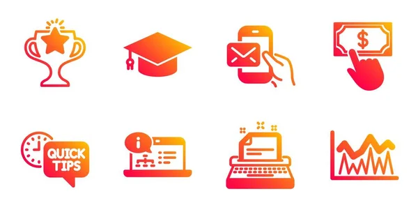 Payment click, Victory and Online documentation icons set. Typewriter, Messenger mail and Graduation cap signs. Vector