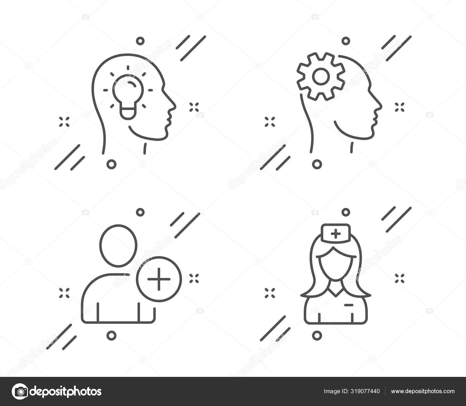엔지니어링, 사용자 및 아이디어 헤드 아이콘 세트 추가. 병원 간호사 사인. 톱니바퀴 머리, 프로파일 설정, 전구. 벡터 스톡 벡터 -  ©Blankstock 319077440, image size:1600x1394