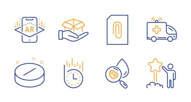 Artırılmış gerçeklik, su analizi ve hızlı teslim ikonları ayarlandı. Bekleme kutusu, ambulans arabası ve eklenti tabelaları. Vektör