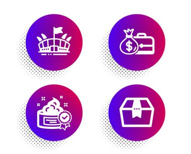 Maaş, Arena ve Cream ikonları ayarlandı. Paket kutusu işareti. Para çantalı diplomat, spor stadyumu, en iyi losyon. Vektör