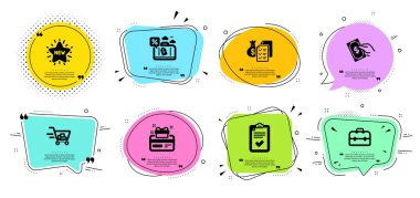 Alışveriş arabası, seyahat kredisi ve portföy ikonları hazır. Sadakat kartı, Denetleme Listesi ve Muhasebe Serveti tabelaları. Vektör