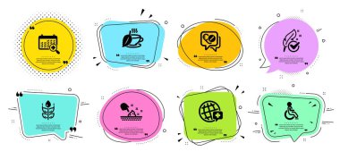 Dünya tıbbı, engelli ve cilt nemlendirme simgeleri ayarlandı. Tıbbi ilaçlar, tıbbi takvim ve glütensiz tabelalar. Vektör