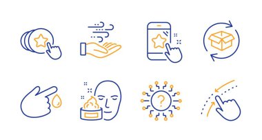 Kan bağışı, yüz kremi ve soru işareti simgeleri hazır. Dönüş paketi, rüzgar enerjisi ve kalp işaretlerini tutun. Vektör