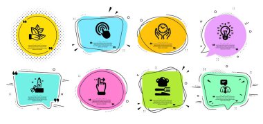 Tıklayın, Fikir ve Destek hizmeti simgeleri ayarlayın. Dokunmatik ekran hareketi, Organik ürün ve Güvenli zaman işaretleri. Vektör