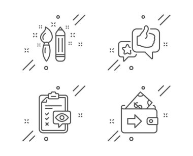 Yaratıcılık ve Göz Kontrol Listesi simgeleri ayarlandı. Cüzdan işareti. Yıldız değerlendirmesi, grafik sanatı, optometri. Para ödemesi. Vektör