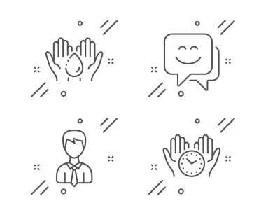 İşadamı, Ellerinizi yıkayın ve gülümseyin yüz simgeleri ayarlayın. Güvenli zaman işareti. Kullanıcı verileri, Cilt bakımı, Sohbet. Saati tut. Vektör