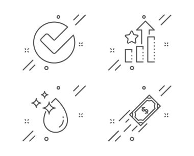 Sıralı yıldızlar, Doğrula ve Su bırakma simgeleri ayarlandı. Hızlı ödeme işareti. Vektör