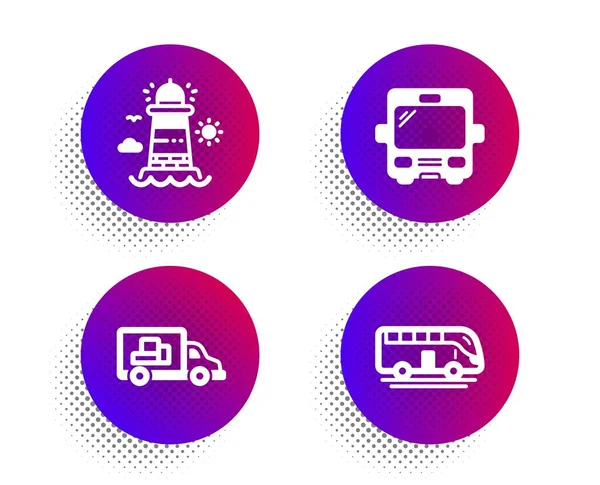 Conjunto de iconos de transporte de camiones, faro y autobús. Señal de autobús. Entrega, Torre del faro, Transporte turístico. Vector — Vector de stock