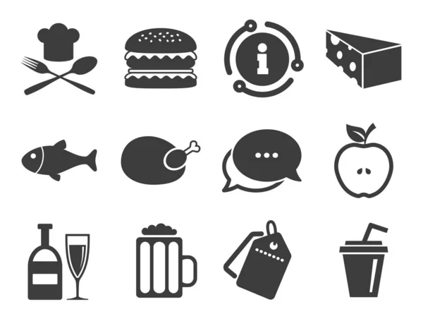 Food, drink icons. Beer, fish and burger signs. Vector