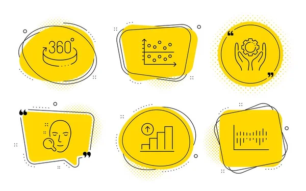 Dot plot, 360 graus e conjunto de ícones de pesquisa de rosto. Mão do empregado, gráfico gráfico e diagrama de coluna sinais. Vetor — Vetor de Stock
