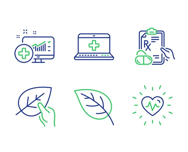 Medical analytics, Medical help and Prescription drugs icons set. Leaf, Organic tested and Heartbeat signs. Vector — Stock Vector