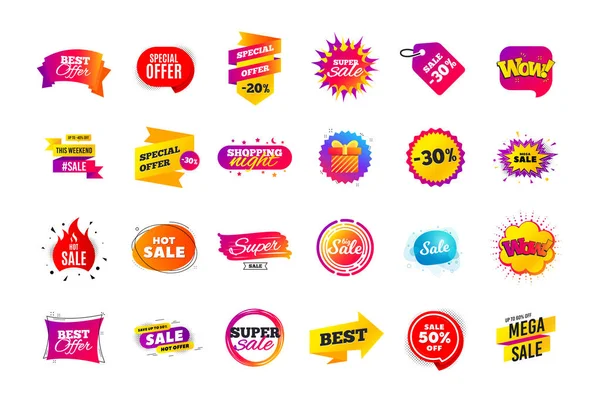 Vendita banner badge. Offerte speciali etichette sconto. Modelli di forma Coupon. Il miglior distintivo d'offerta. Icone super scontate. Vettore — Vettoriale Stock