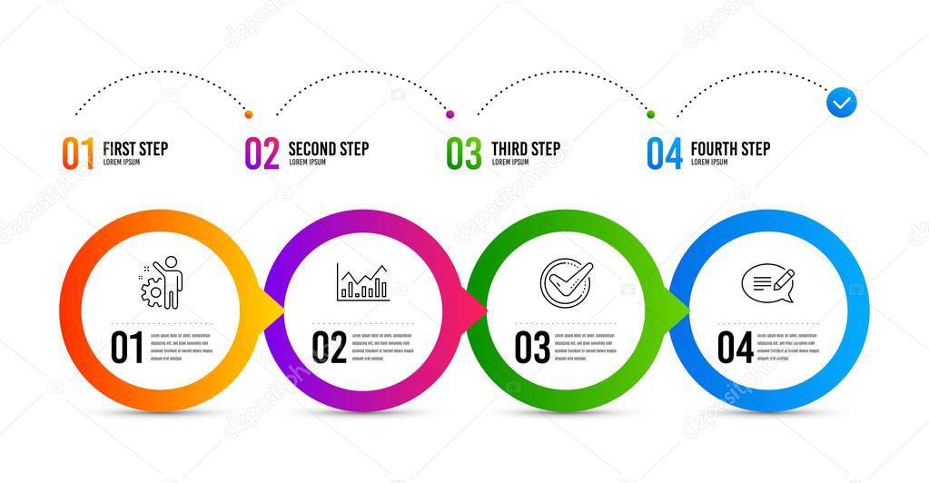 Employee, Confirmed and Infochart icons set. Message sign. Cogwheel, Accepted message, Stock exchange. Vector