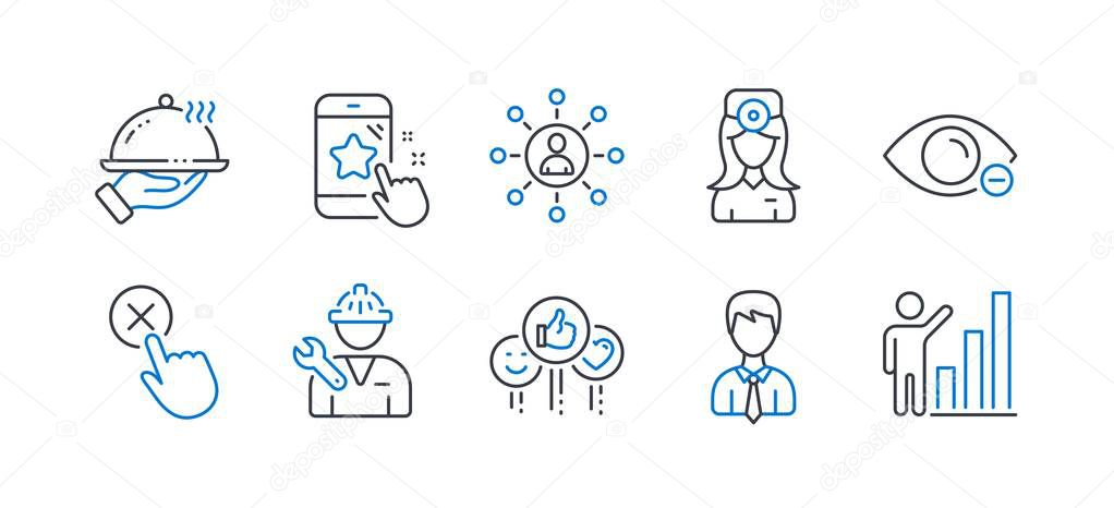 Set of People icons, such as Networking, Restaurant food, Myopia. Vector