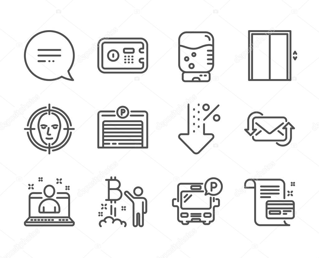 Set of Technology icons, such as Parking garage, Bitcoin project, Payment card. Vector