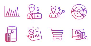 Satış, Çizgi Grafik ve İş Büyütme ikonları ayarlandı. Piyasa satışı, iş adamı davası ve temassız ödeme tabelaları. Vektör