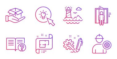 Enerji, Mühendislik ve Deniz feneri ikonları ayarlandı. Kutu, İmdat ve Asansör işaretleri. Vektör