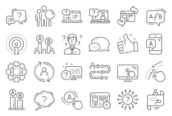 UX line icons. Set of AB testing, Journey path map and Question mark linear icons. Vector — Stock Vector