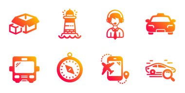 Paketleme kutuları, deniz feneri ve taksi ikonları. Seyahat pusulası, Sh