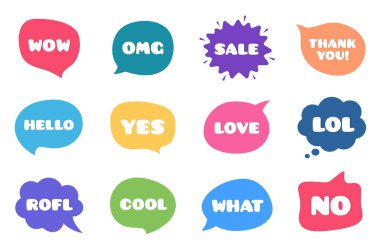 Chat bubble talk phrases. Clouds with different words. Speech bu clipart