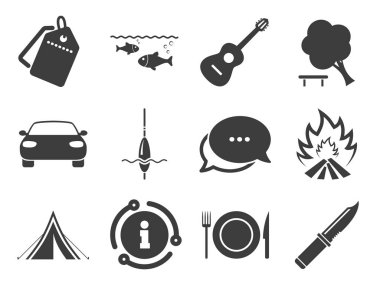 Yürüyüş gezisi, kamp ikonları. Balıkçılık, turist çadırı. Vektör
